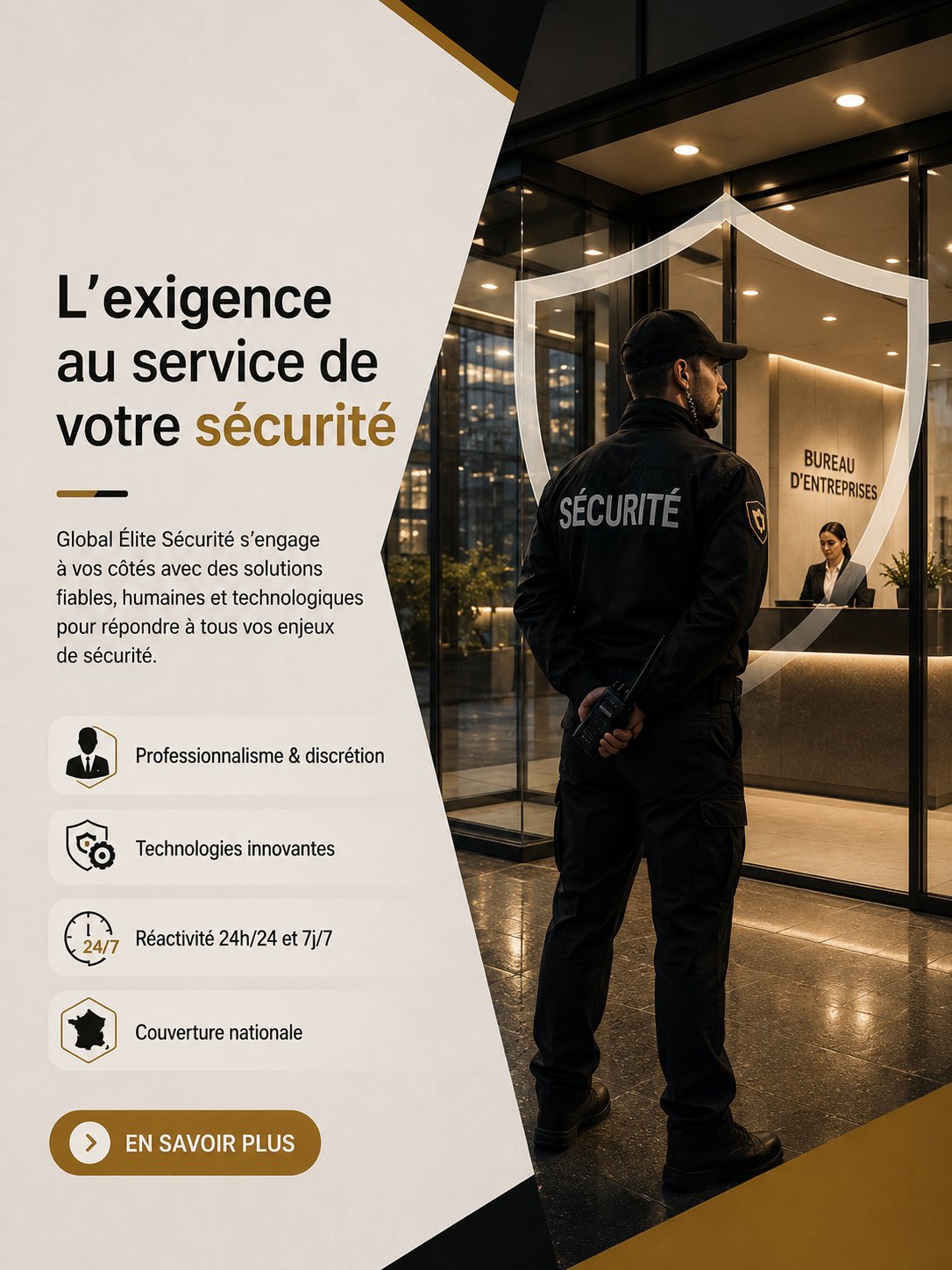 Agent Global Élite Sécurité en supervision, skyline urbain et caméra de vidéosurveillance