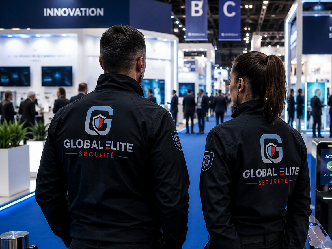 Agents Global Élite Sécurité en contrôle d'accès sur un salon professionnel