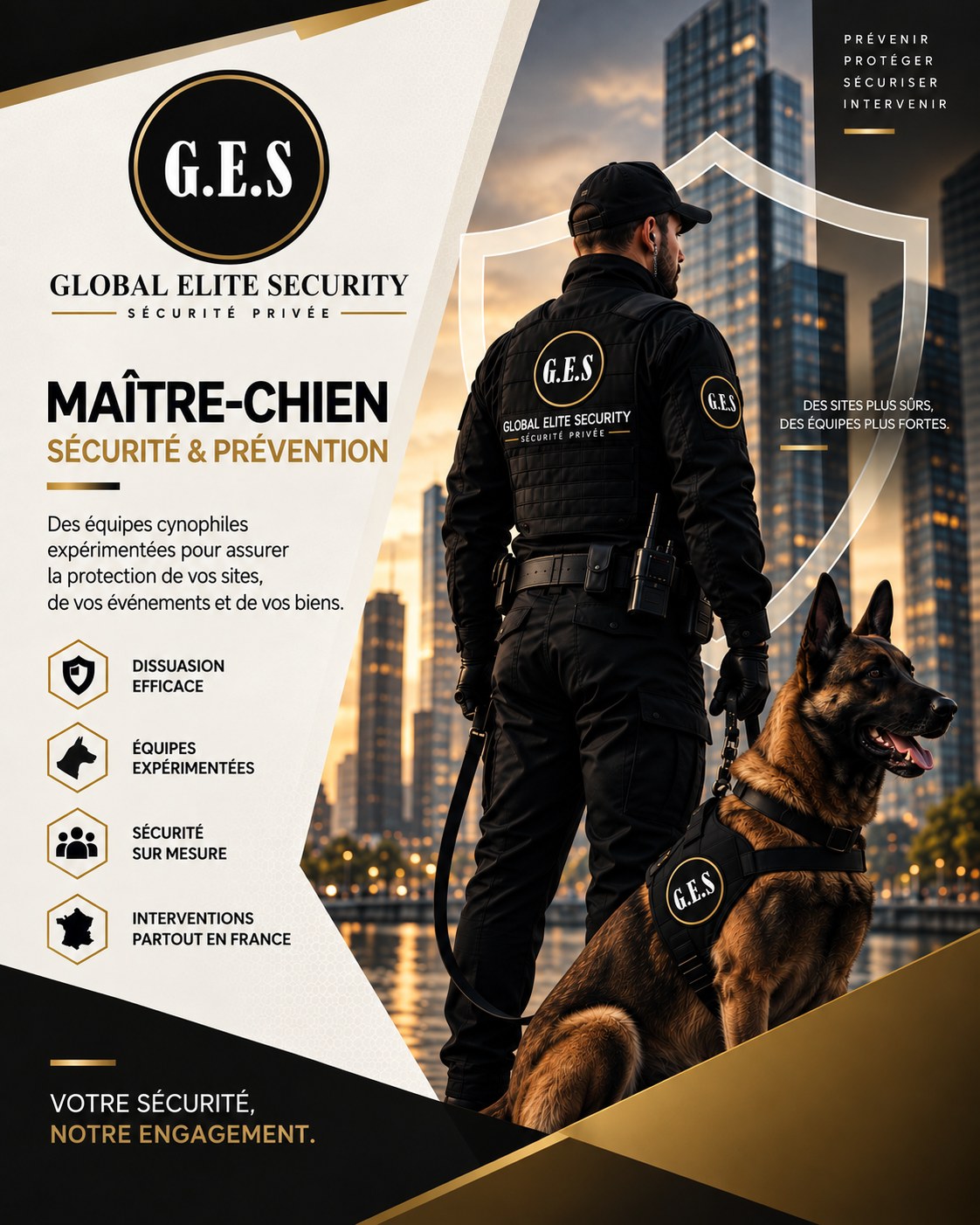 Agent cynophile Global Élite Sécurité et son chien