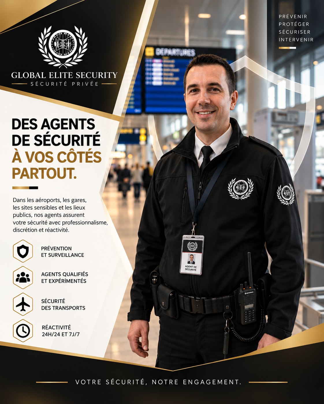 Agent Global Élite Sécurité en poste dans un aéroport