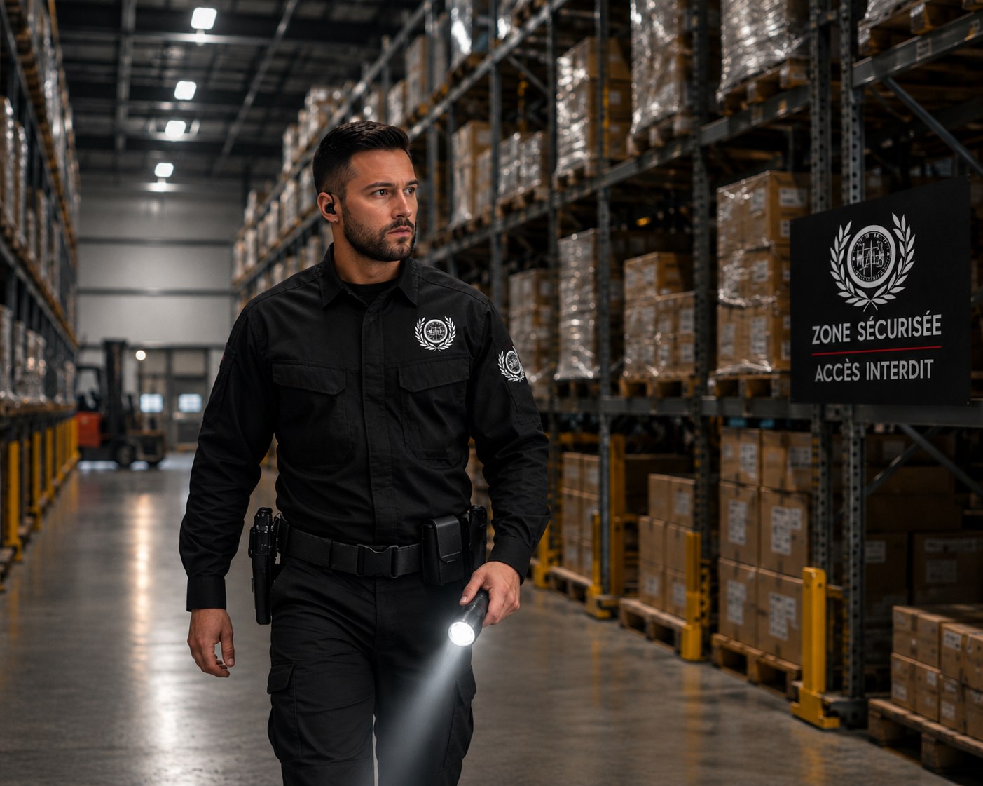 Agent Global Élite Sécurité en ronde de surveillance dans un entrepôt logistique