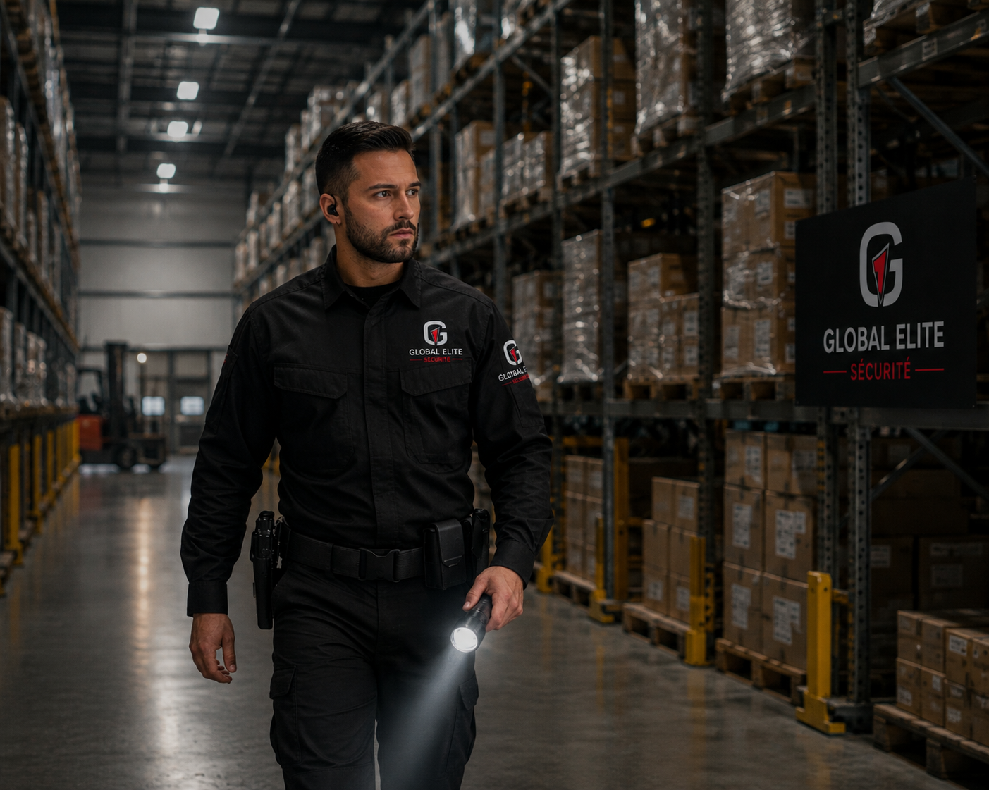 Agent Global Élite Sécurité en ronde de surveillance dans un entrepôt logistique