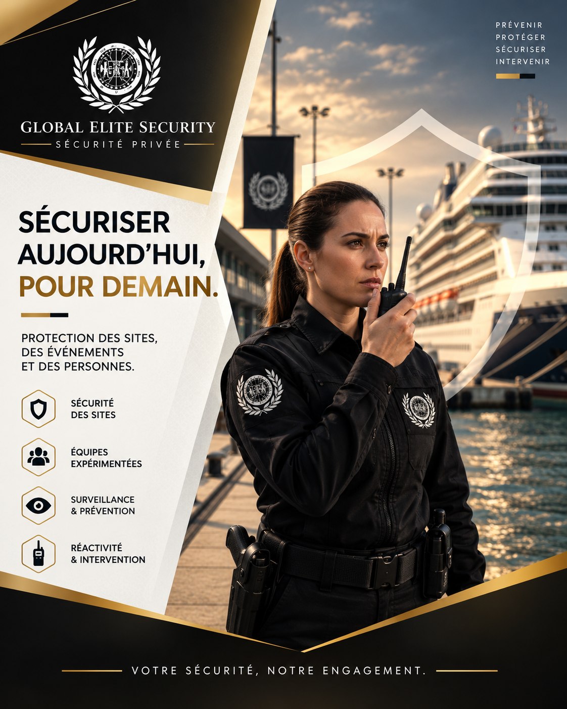 Agent Global Élite Sécurité en poste sur un site portuaire