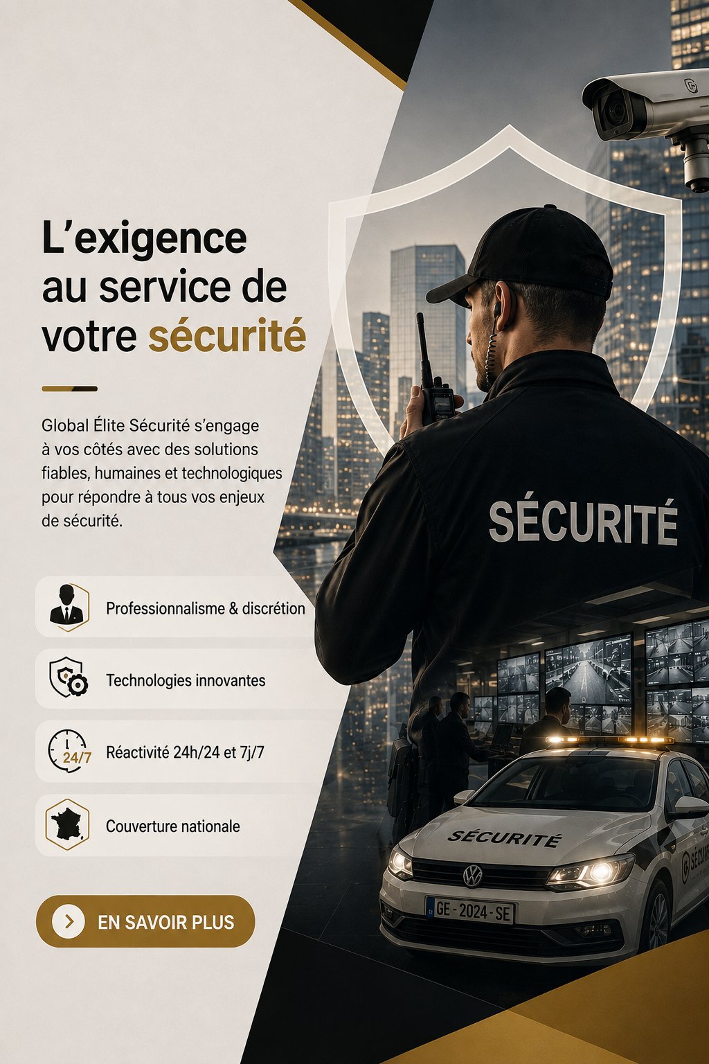 Agent Global Élite Sécurité en supervision, skyline urbain et caméra de vidéosurveillance