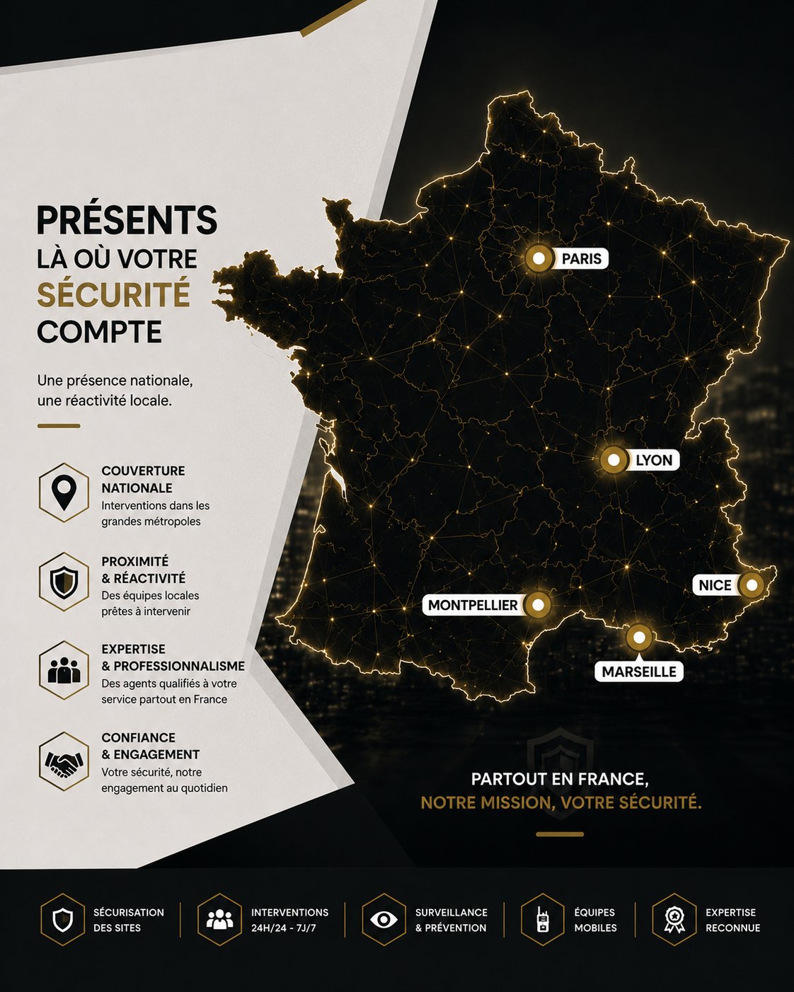 Carte de France des zones d'intervention Global Élite Sécurité : Paris, Lyon, Montpellier, Marseille, Nice